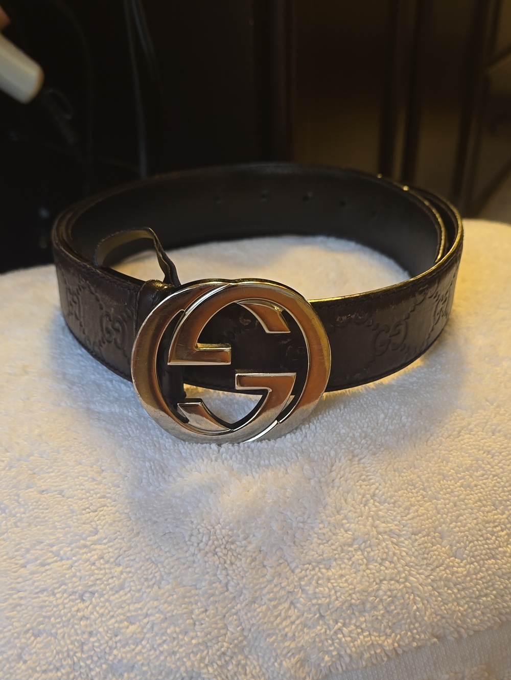 Gucci GG Brown Embossed Leather Belt with Gold Interlocking G Buckle 95/36